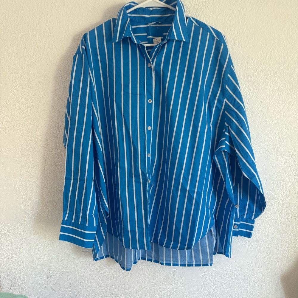 Aerie Good Day Button Down Shirt Size Small Blue White Striped Oversized Beach